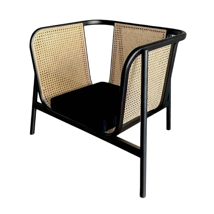 Black Teak Arm Chair with Natural Rattan Cane Weaving And Black Cushion