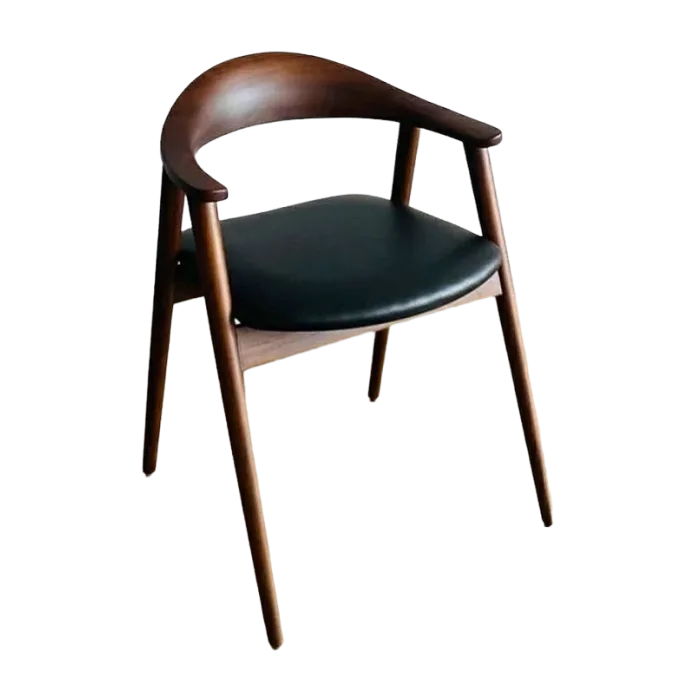 Brown Teak Wood Arm Chair with Black Leather Seater