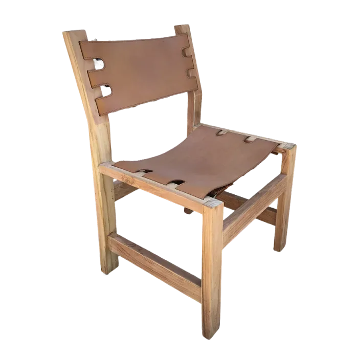 Natural Teak Dining Chair with Brown Leather