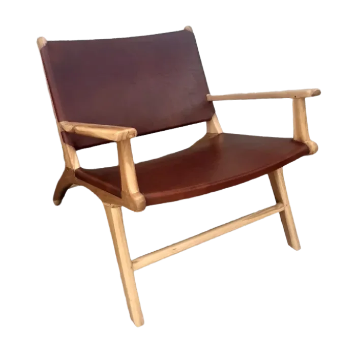 Teak Wood Lounge Chair with Brown Leather