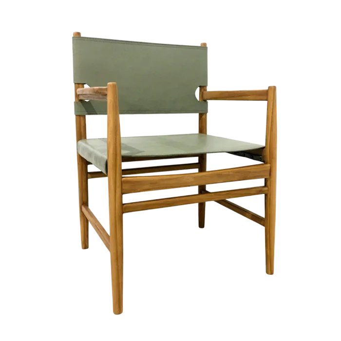 Japandi Arm Chair with Green Leather