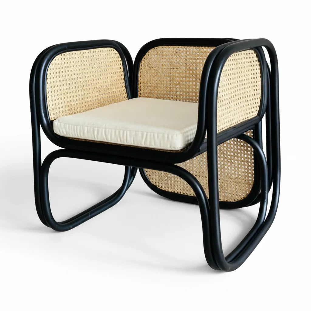 indonesia black big wooden armchair with natural rattan woven and cushion on seating