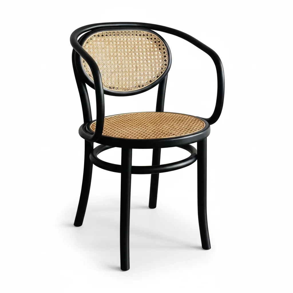indonesia black wooden armchair with natural rattan woven backrest and seating