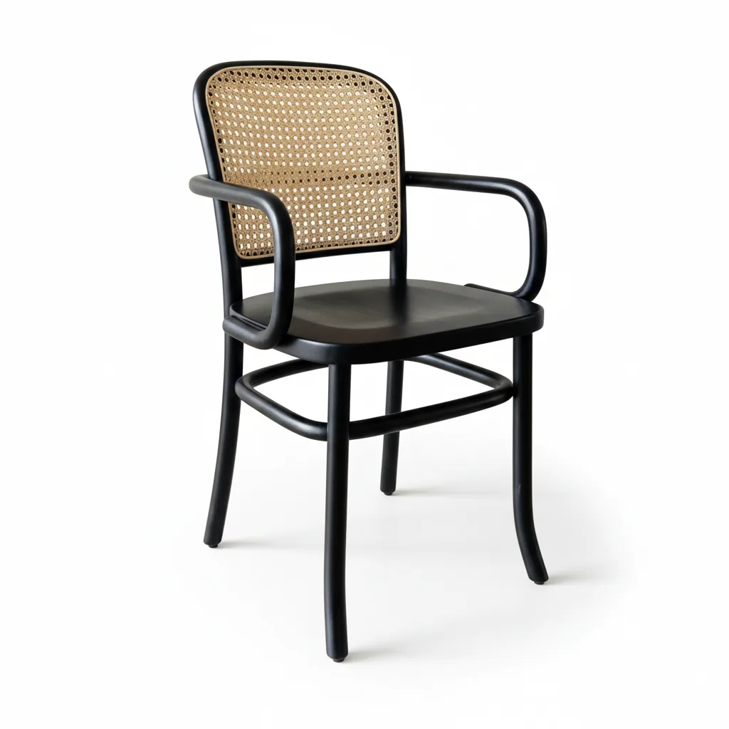 indonesia black wooden armchair with natural rattan woven backrest