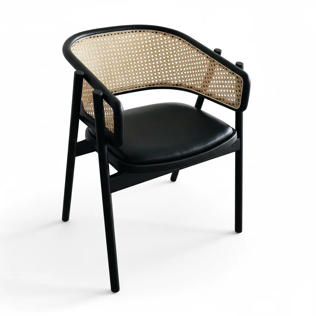 indonesia black wooden armchair with natural rattan woven on backrest