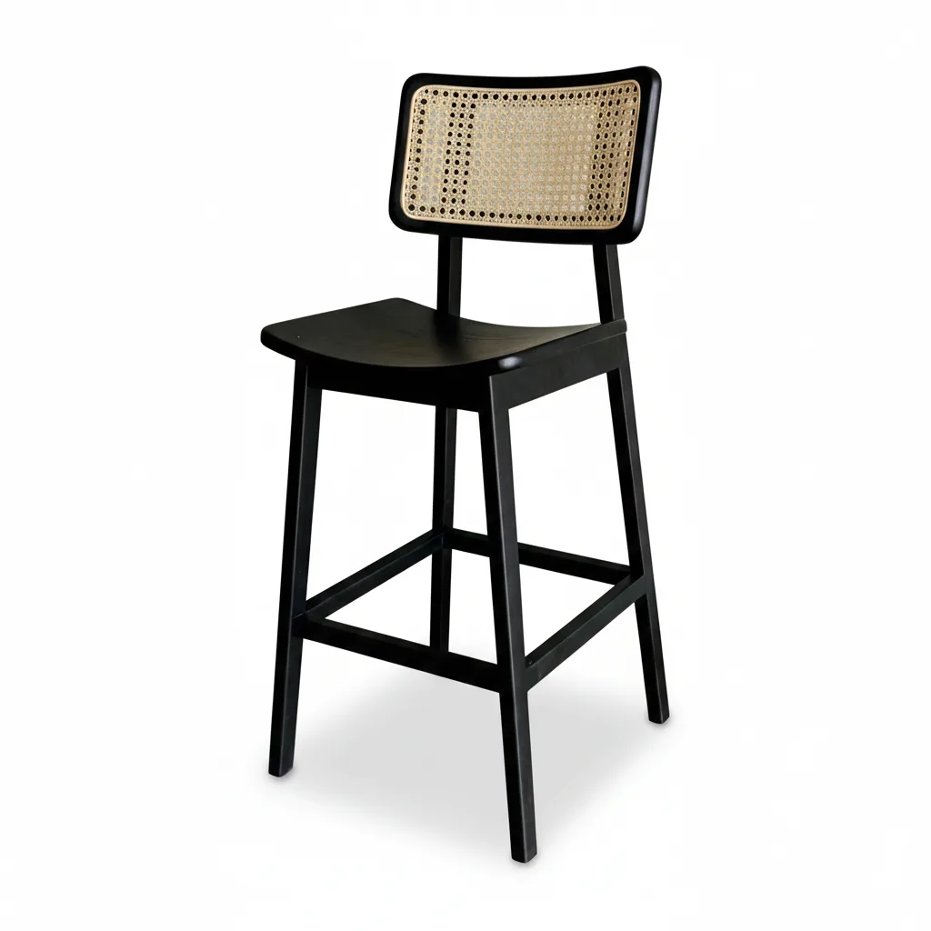 indonesia black wooden bar stool with natural rattan woven backrest