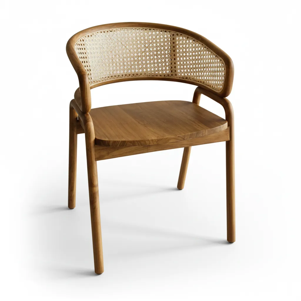 indonesia natural wooden armchair with rounded natural rattan woven backrest