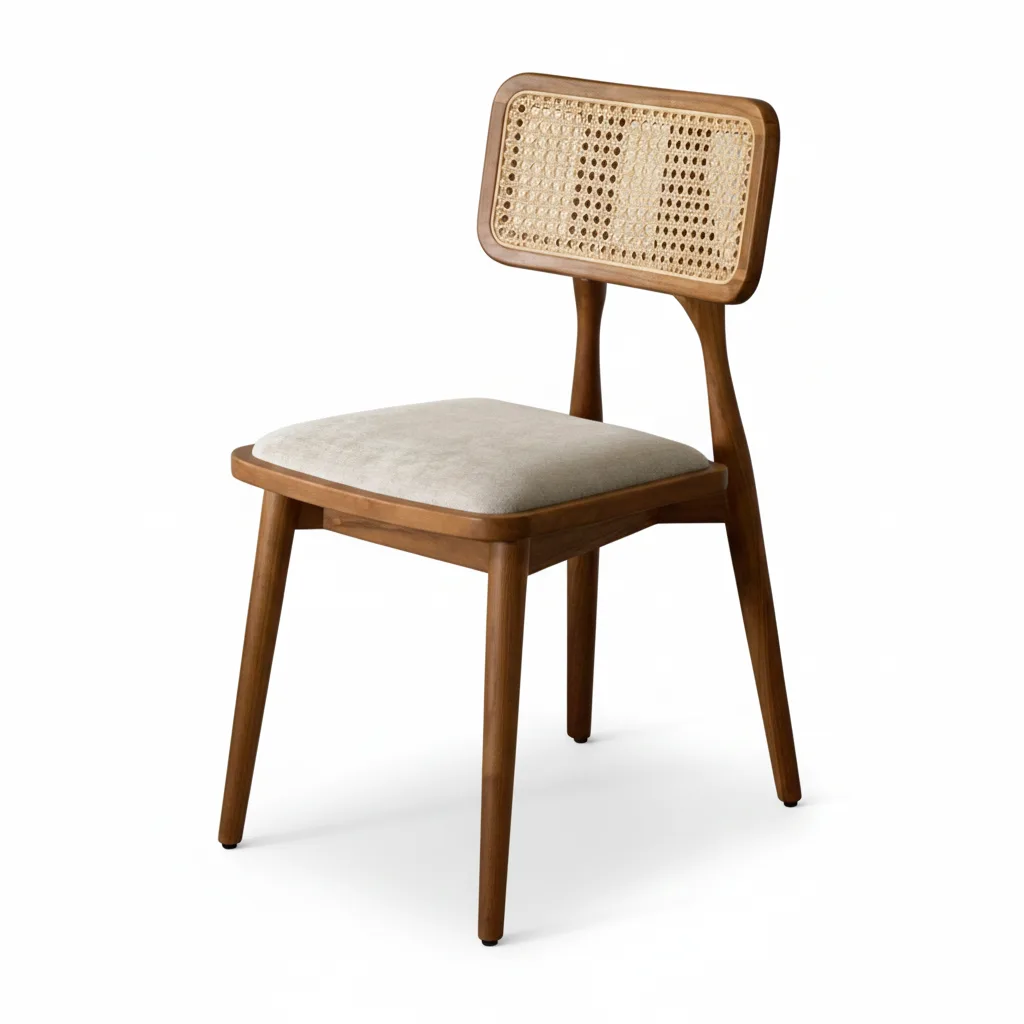 indonesia teak dining chair with natural rattan woven backrest and fabric seating