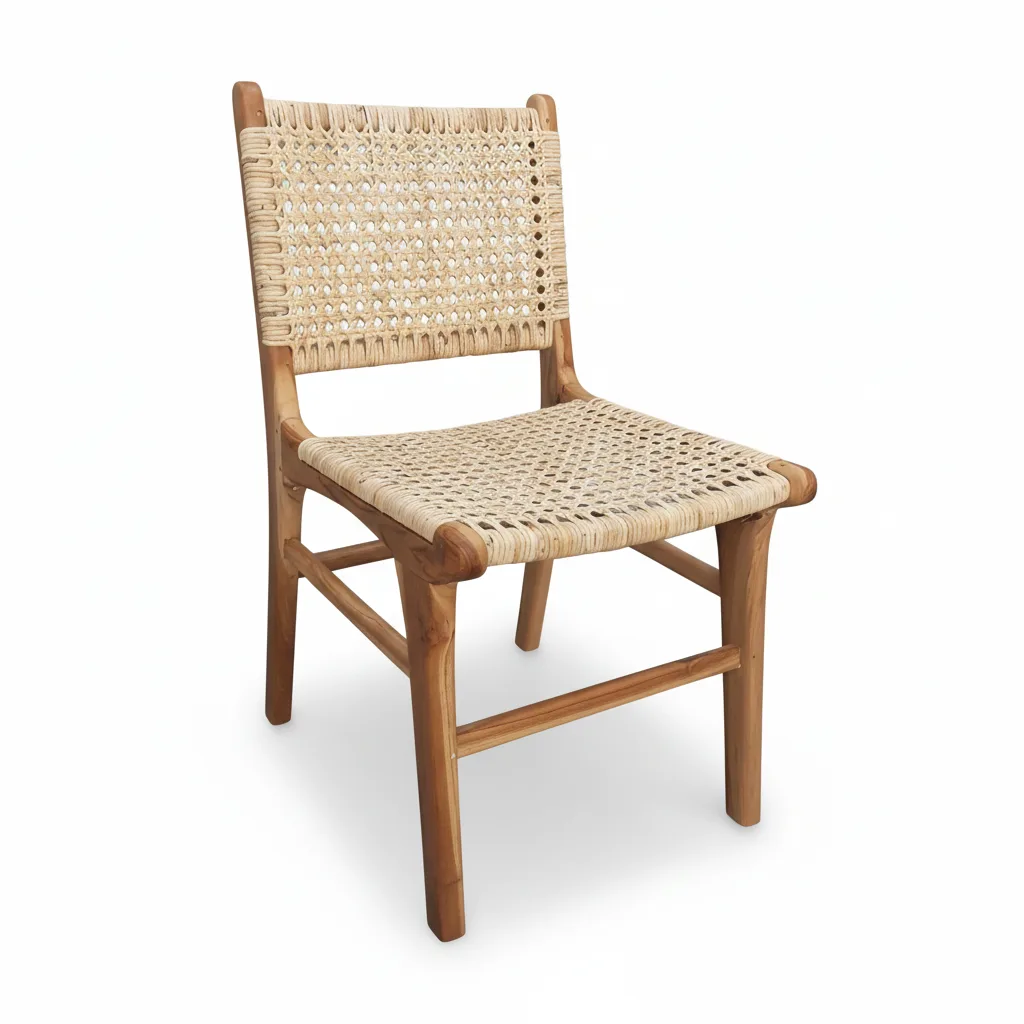 indonesia teak dining chair with natural rattan woven on backrest and seating