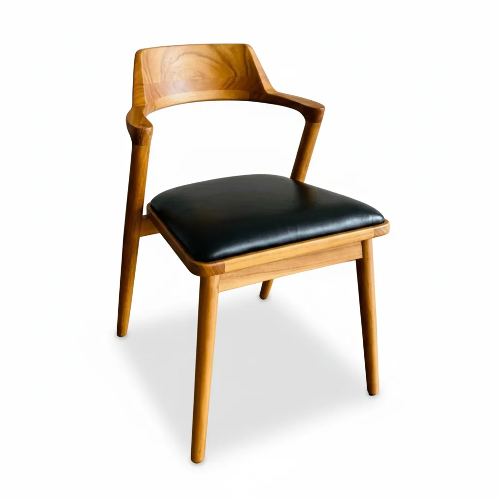 teak armchair with black leather on seating