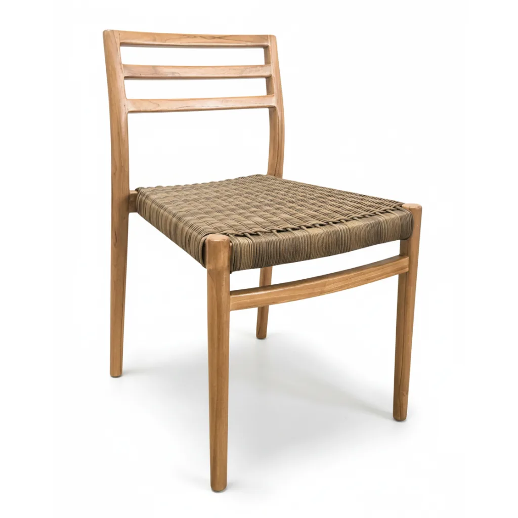 trislat teak dining chair with synthetic rattan woven