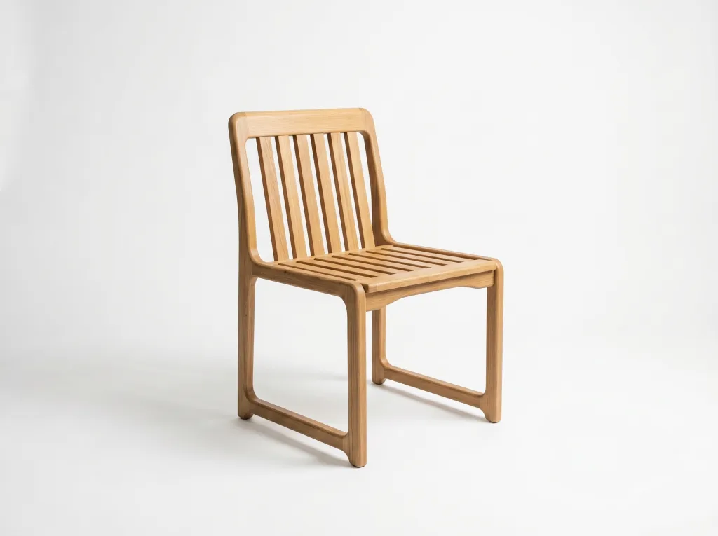 Wooden dining chair with a slatted back and seat, no arms, on a continuous square frame