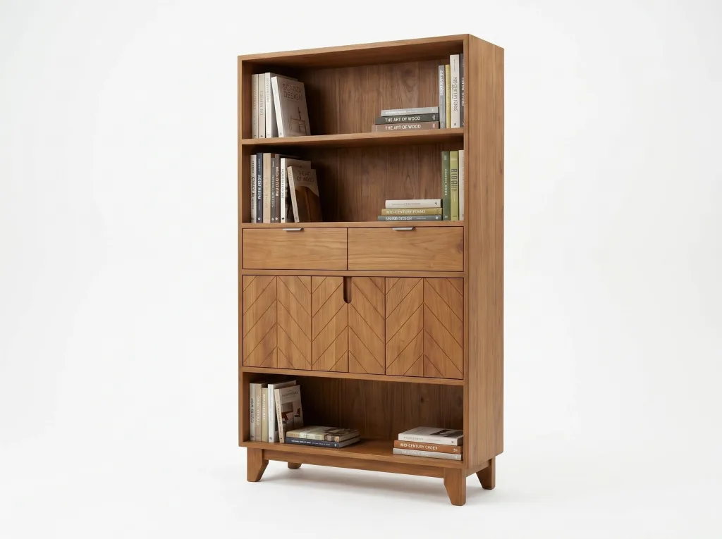 Bookrack in light wood with two open shelves, two drawers, two chevron-patterned doors and an open shelf below