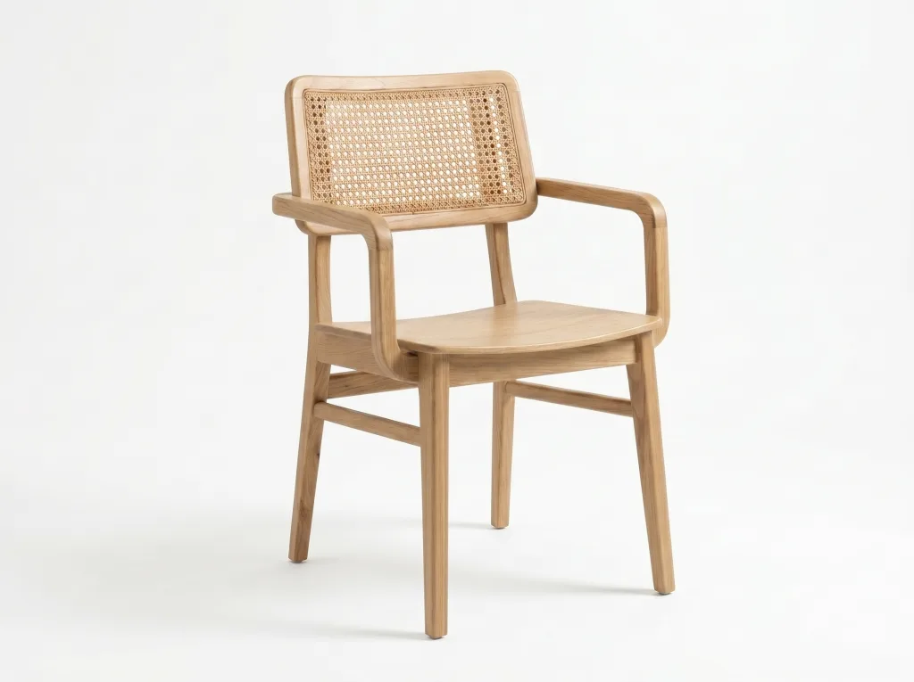 Light wood armchair with a woven cane back, curved arms, a solid wooden seat and four tapered legs