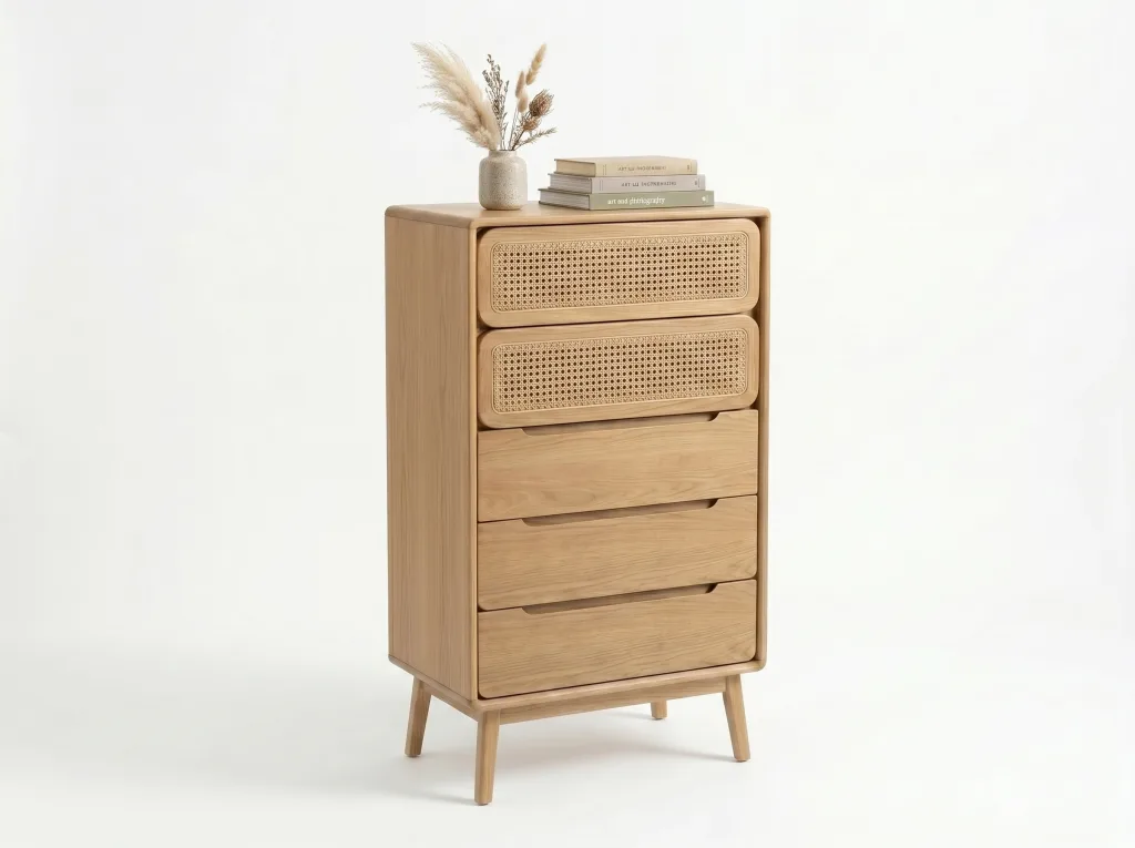 Five-drawer chest in light teak, the top two fronts in woven cane, the lower three plain with recessed pulls, on tapered legs