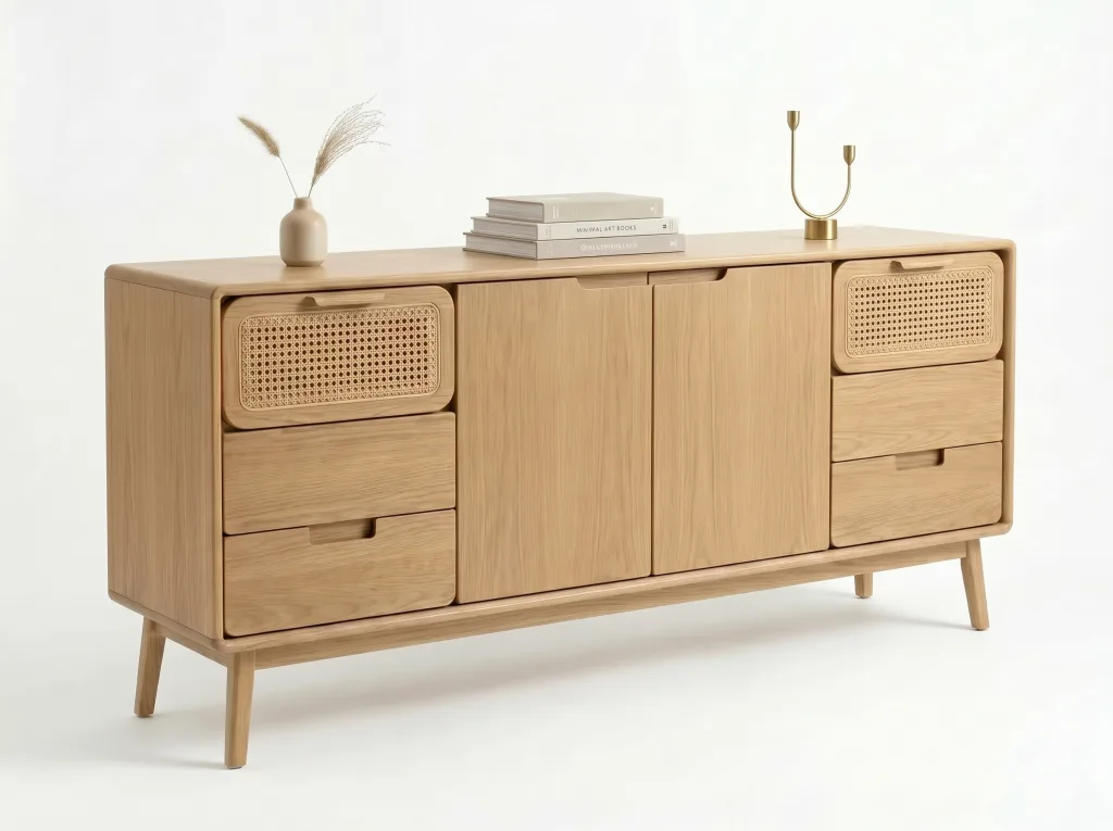 Light oak sideboard with two central doors and four side drawers, the upper drawers in woven cane, on tapered legs
