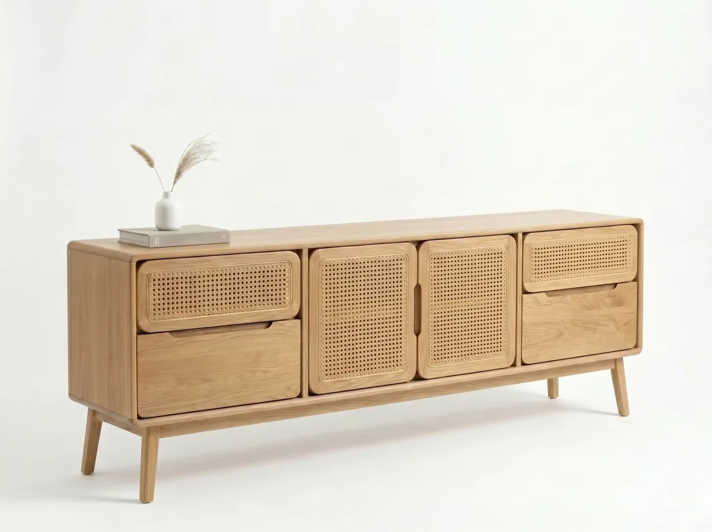 Low cabinet with woven cane doors and drawers on slim tapered legs, on a white background