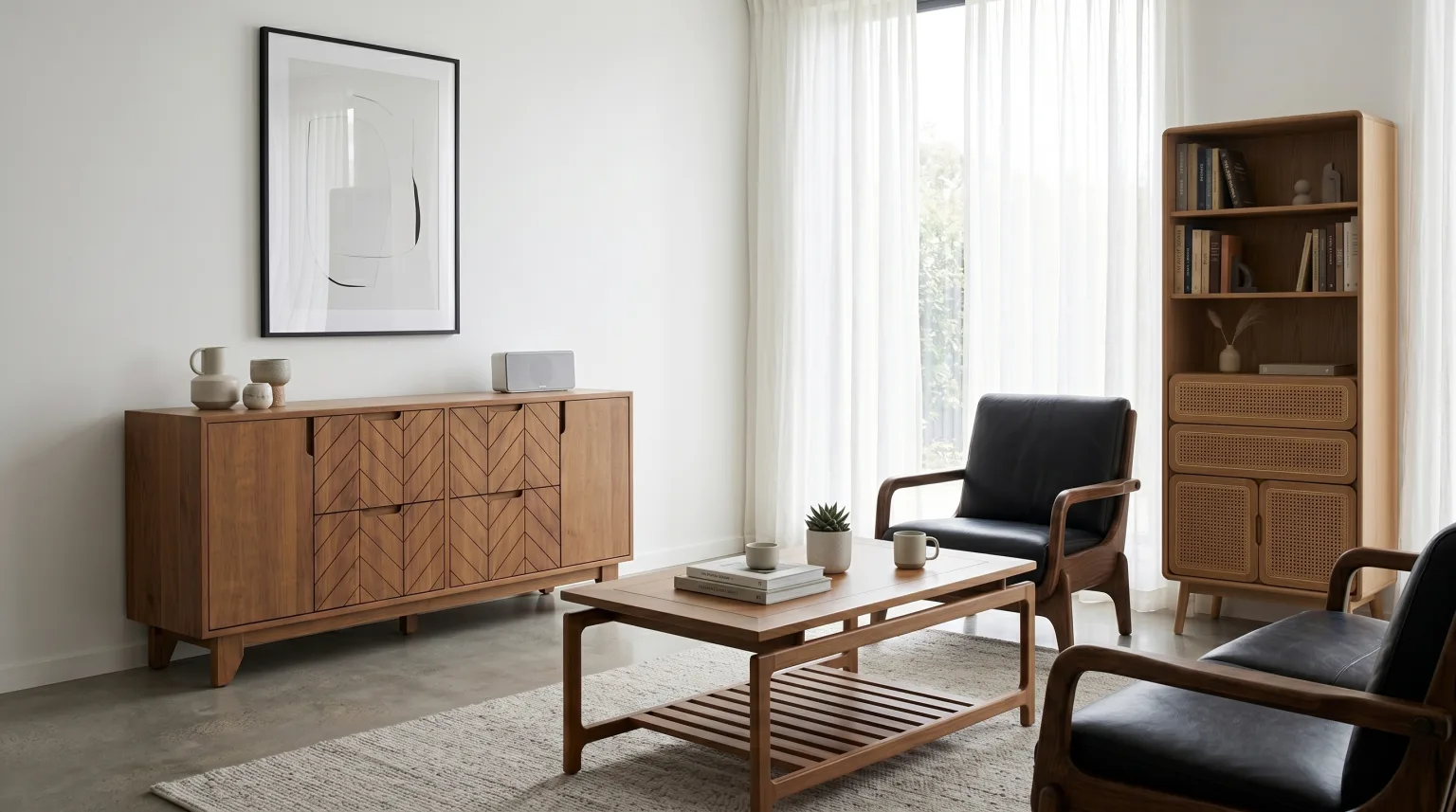 Living room with a chevron-front wooden sideboard, a walnut coffee table and a black leather armchair