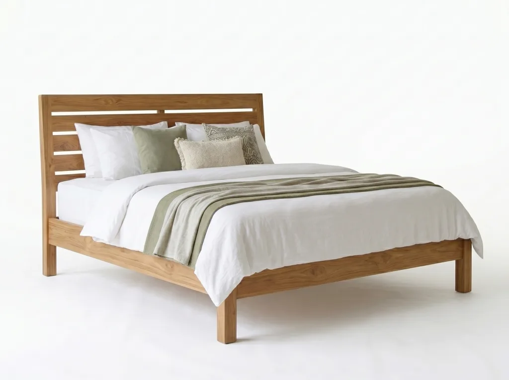 Teak platform bed with a headboard of horizontal slats on four square block legs, dressed in white bedding and sage cushions