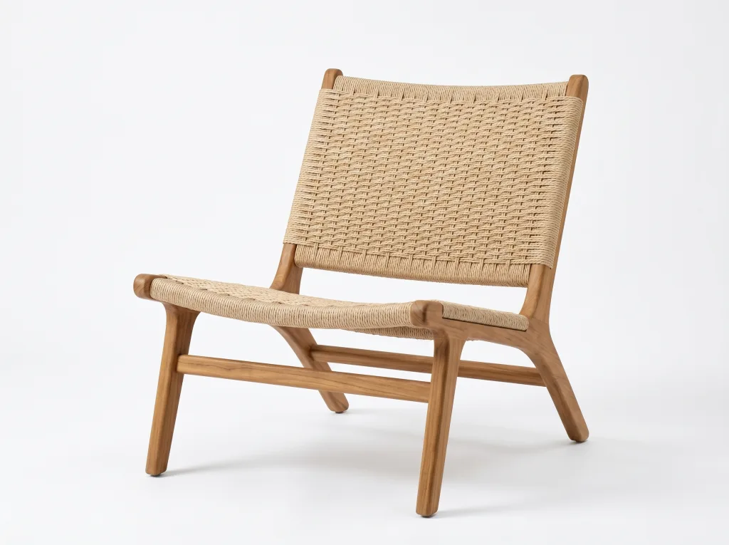Low lounge chair with a light wood frame, a woven rope seat and back, rounded arm ends and splayed rear legs