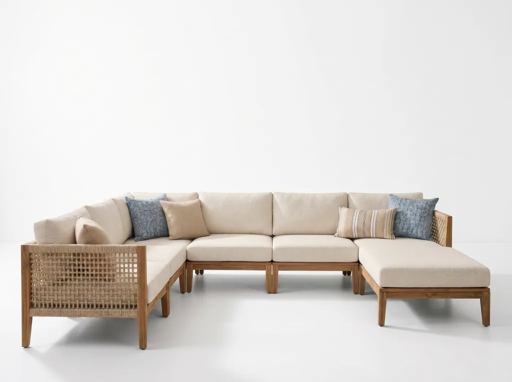 Modular sofa with a light wood frame, woven rope sides, cream seat and back cushions and blue and striped pillows