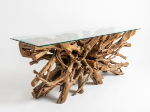 tertuju teak root console table furniture with glass top