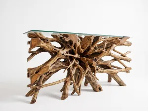 tertuju teak root console table furniture with glass top